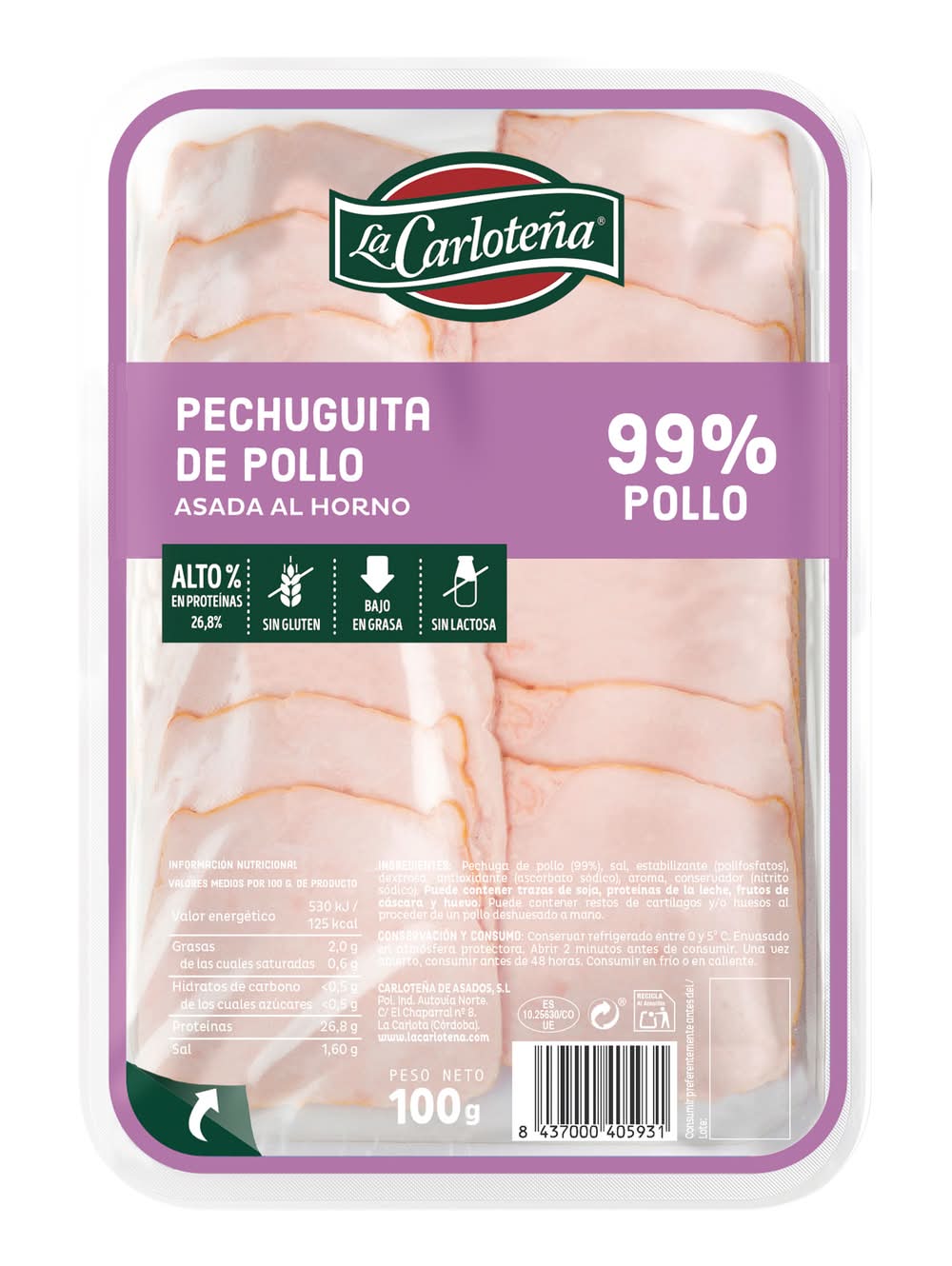 Pechuguita de pollo asadas al horno en lonchas · La Carloteña (100 g)