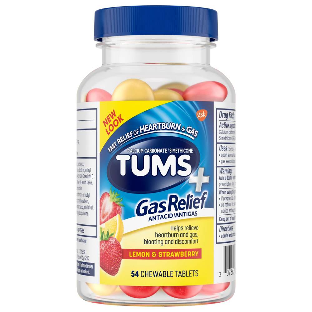 Tums Chewy Bites Chewable Antacid Tablets With Gas Relief, Lemon & Strawberry, 54 Ct