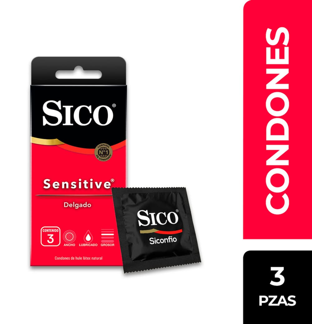 Sico · Sensitive condones de látex delgado, natural (3 un)