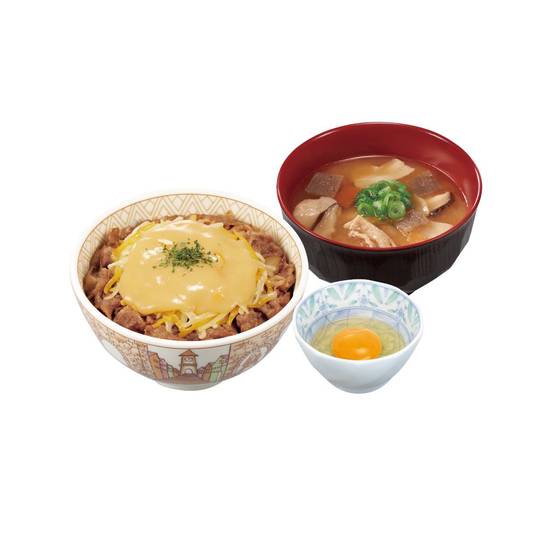 3種のチーズ牛丼とん汁たまごセット  Gyudon w/ 3 Cheeses & Pork Miso Soup & Raw Egg