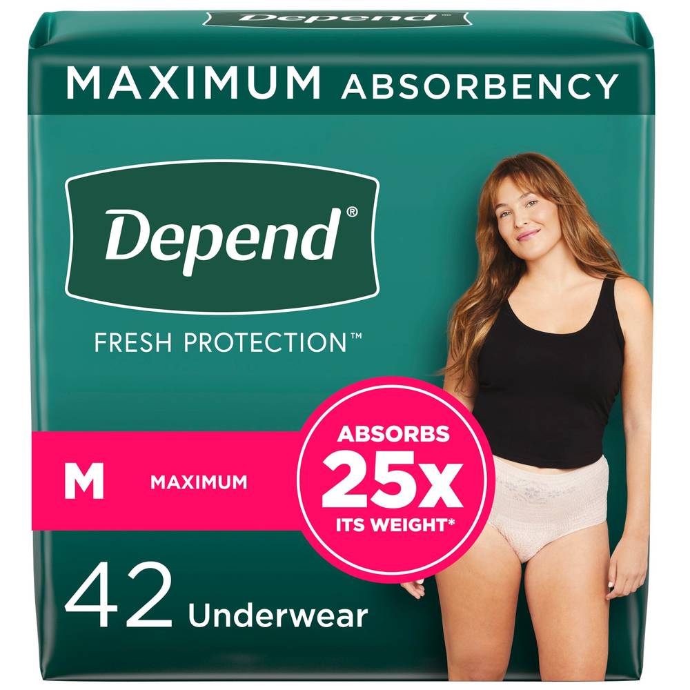 Depend FIT-FLEX Incontinence Underwear for Women, Maximum Absorbency, M, Blush, 42 CT