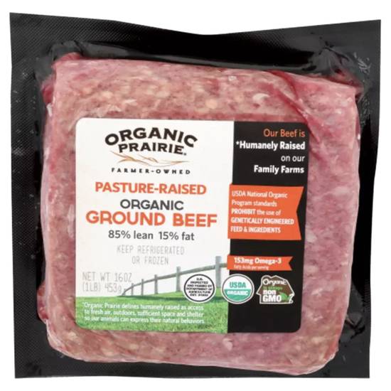 Order Organic Prairie Frozen Pastured Ground Beef 85/15 12oz food online from Everyday Needs by Gopuff store, Tampa on bringmethat.com
