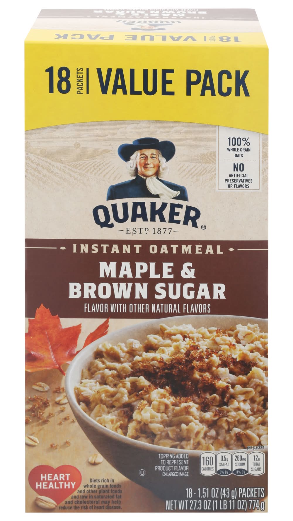 Quaker Instant Oatmeal, Maple & Brown Sugar (27.3 oz, 18 ct)