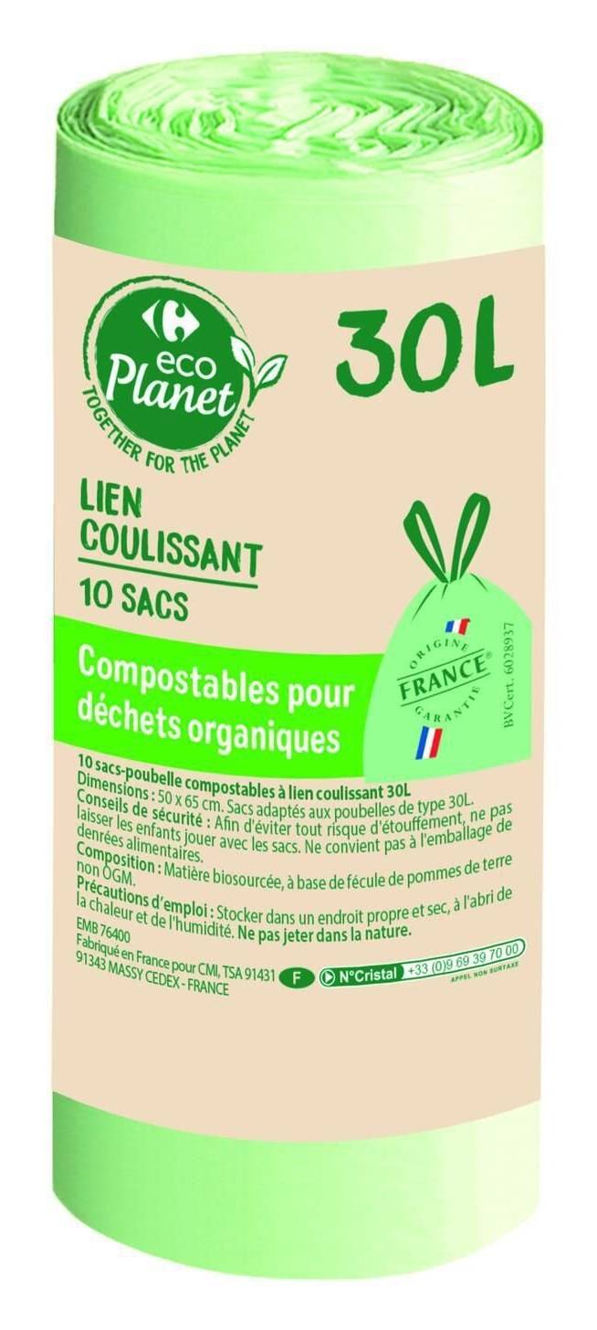 Carrefour - Sac poubelle compostables à lien coulissant, 30L (10)