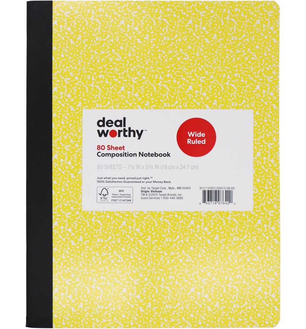 Dealworthy Composition Wide Ruled Notebook, 7.5x9.75 in, Yellow