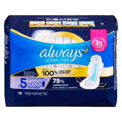 Always Ultra Thin Overnight Pads With Flexi Wings, 5 (15 ct)