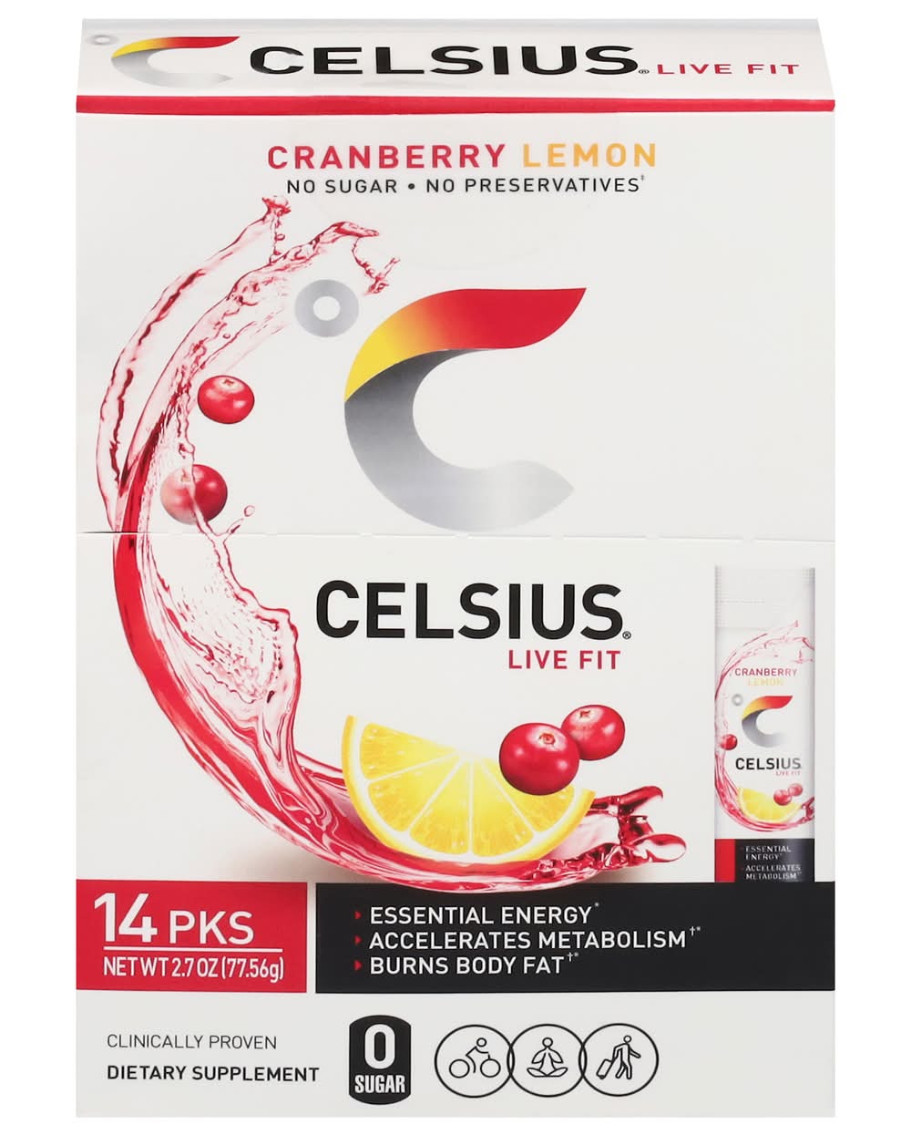 Celsius Live Fit Dietary Supplement Energy Drink Mix, Cranberry-Lemon (2.7 oz, 14 ct)
