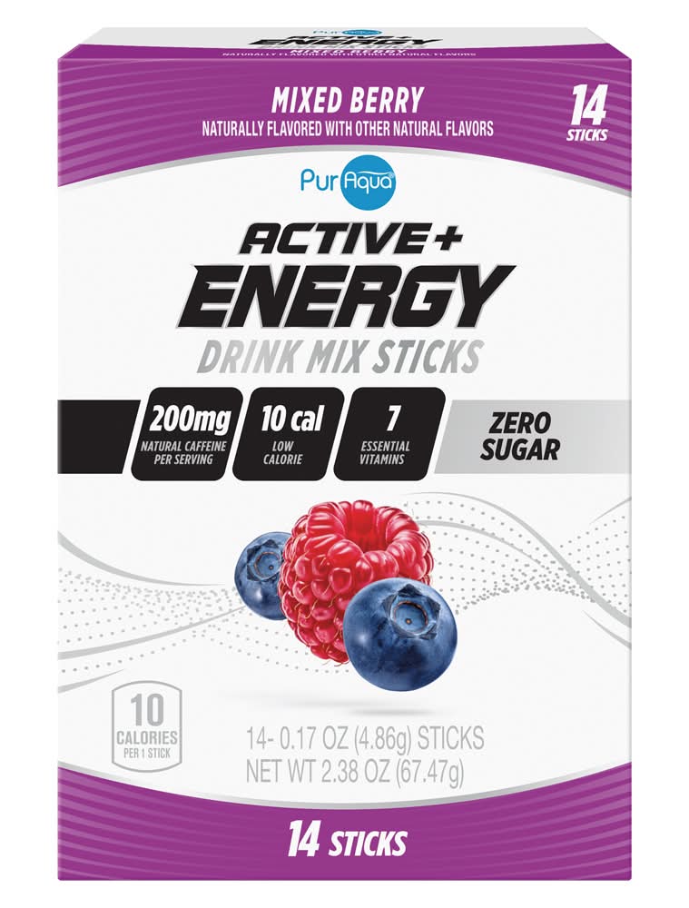 PurAqua Active Plus Energy Drink Mix Sticks, Mixed Berry (2.38 oz, 14 ct)