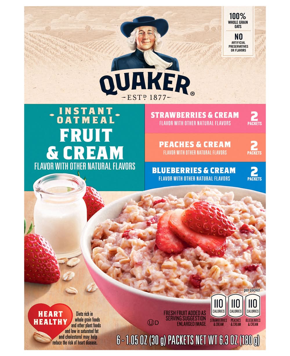 Quaker Instant Oatmeal Variety Packets, Strawberries & Cream-Peaches & Cream-Blueberries & Cream (6 x 1.05 oz)