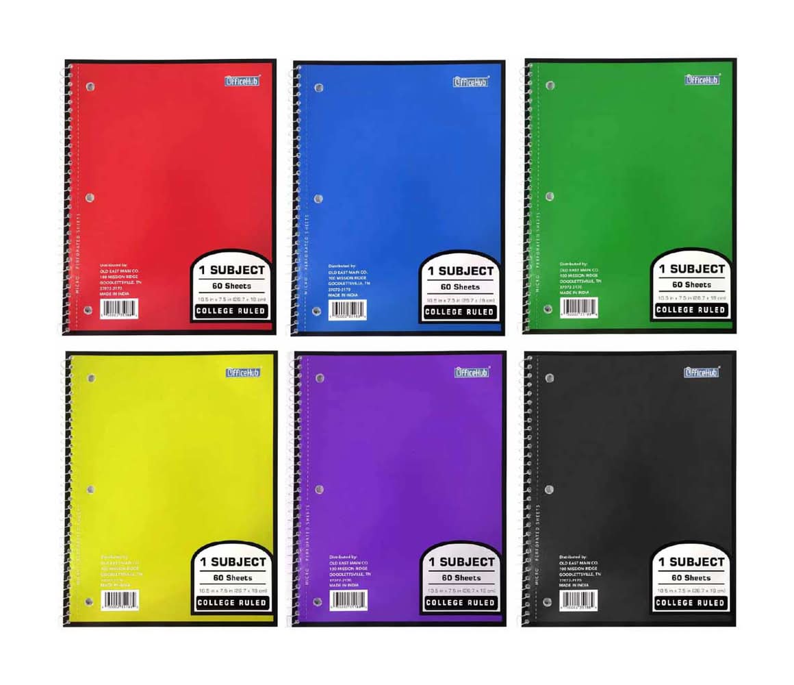 OfficeHub 1 Subject College Ruled Notebook 60 Sheets, Assorted