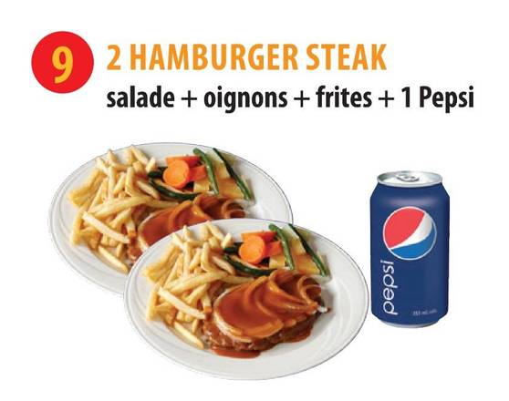 2 Hamburger Steak+ Salade + Oignons + Frite + 1 Boisson