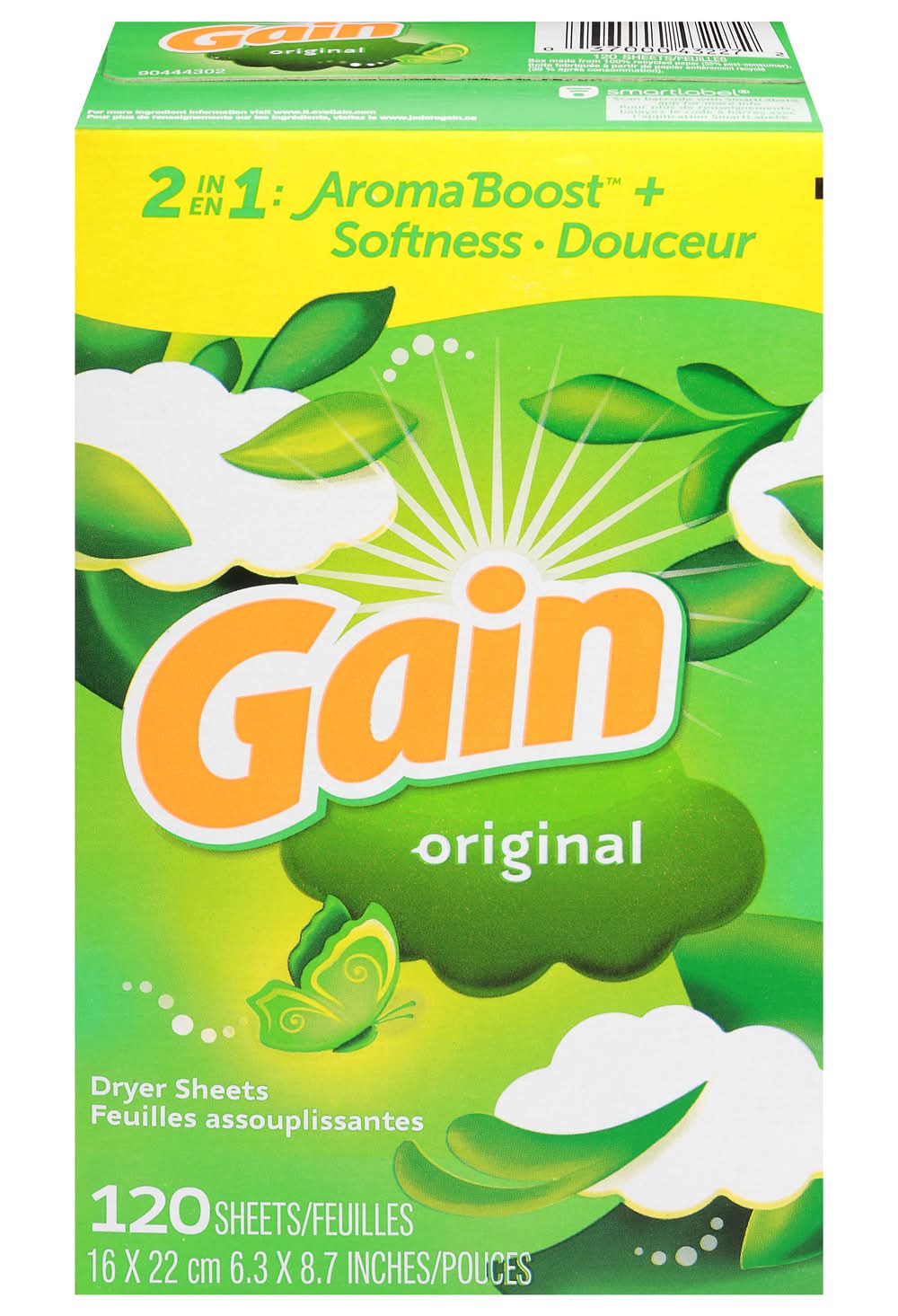 Gain Aroma Boost 2 in 1 Dryer Sheets, Original, 6.3x8.7 in (9.6 oz, 120 ct)