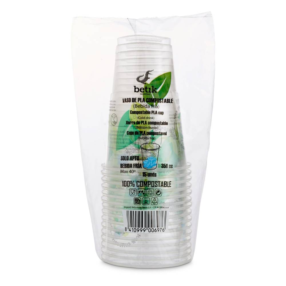 Vasos Desechables Compostable De 35 Cl Betik Bolsa 15 Unidades