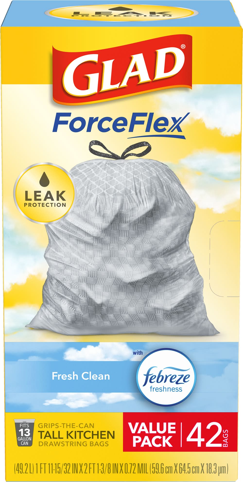 Glad Forceflex Tall Kitchen Drawstring Fresh Clean Scent With Febreze Freshness Trash Bags, 13 Gallon (42 ct)