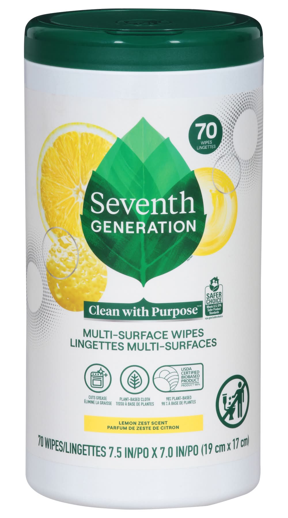 Seventh Generation Multi Surface Wipes, Lemon Zest, 7.5x7 in (70 ct)