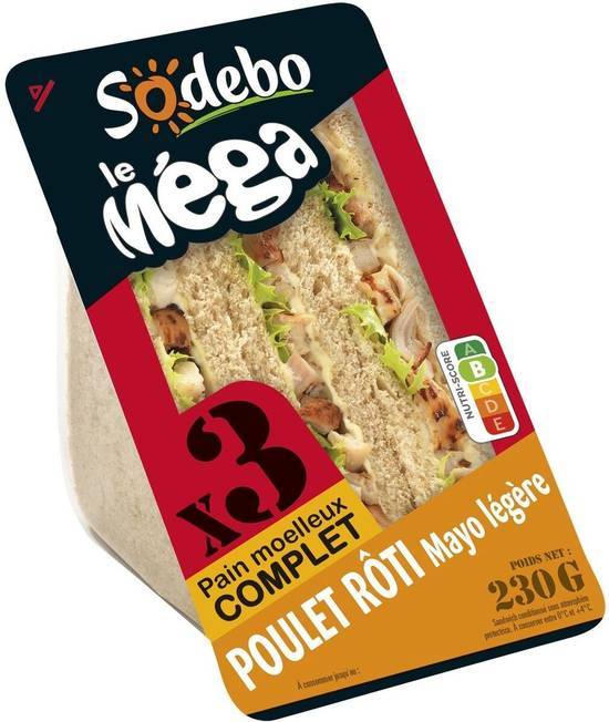 Sandwich le méga poulet rôti mayo légère x3 - sodebo - 230     g