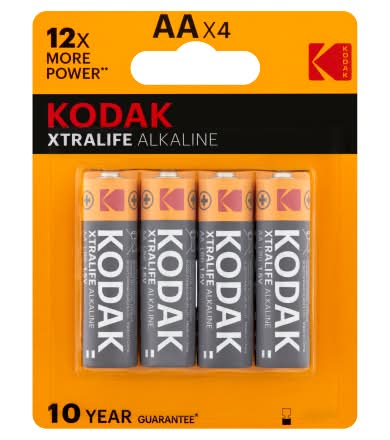 Kodak Xtralife Alkaline 1.5v Aa Batteries, Black,Orange,Red,Silver,White (4 ct)