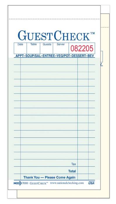 National Check - A7000 - Guestcheck, No Carbon 2 Part Green 17 line - 50 Checks per Book/50 Books (1X2500|Case of 1)