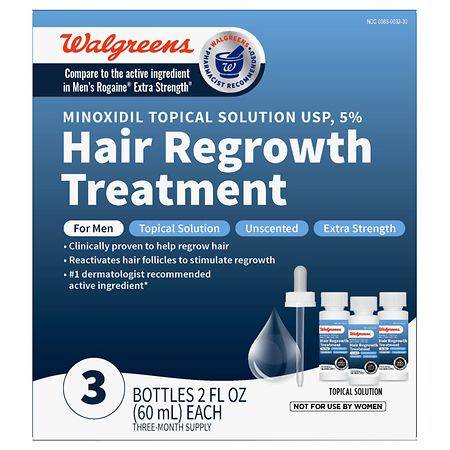 Walgreens Minoxidil Topical Solution 5 Percent, Hair Regrowth Treatment, Extra Strength (3 ct)
