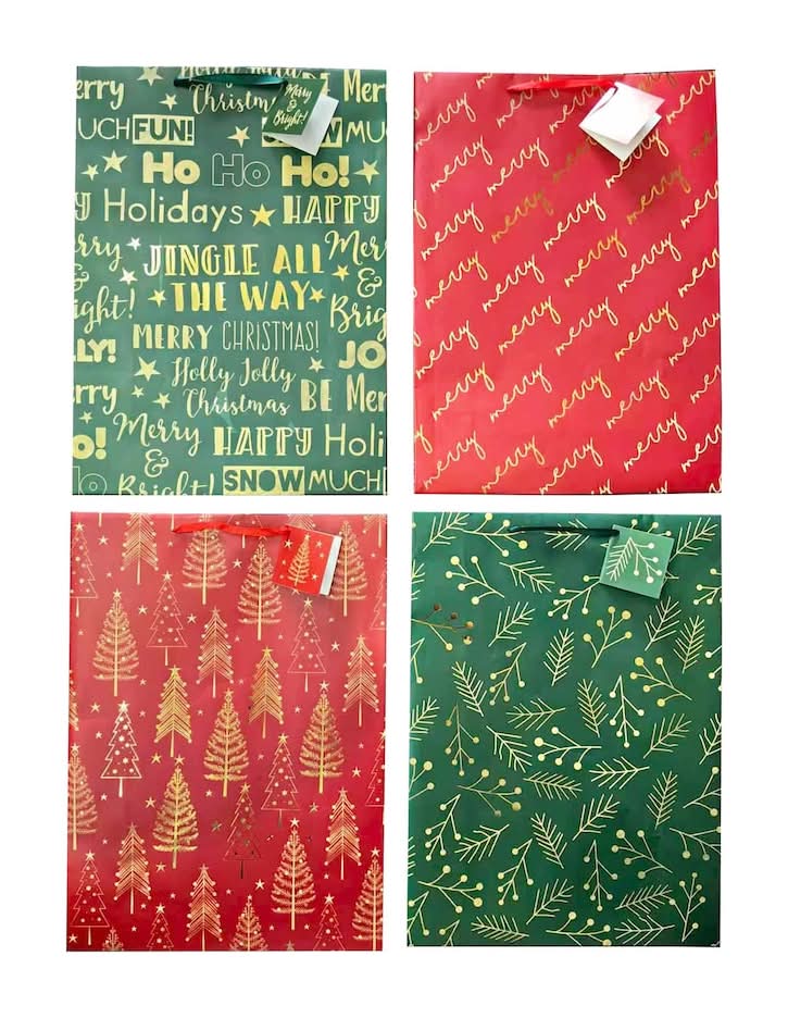Christmas Themed Traditional Hot Stamp Gift Bag, Assorted (4 ct)