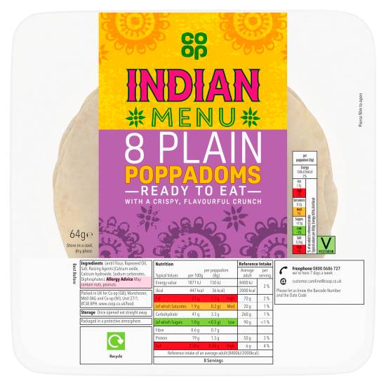Co-Op Indian Style 8 Plain Poppadoms 64g