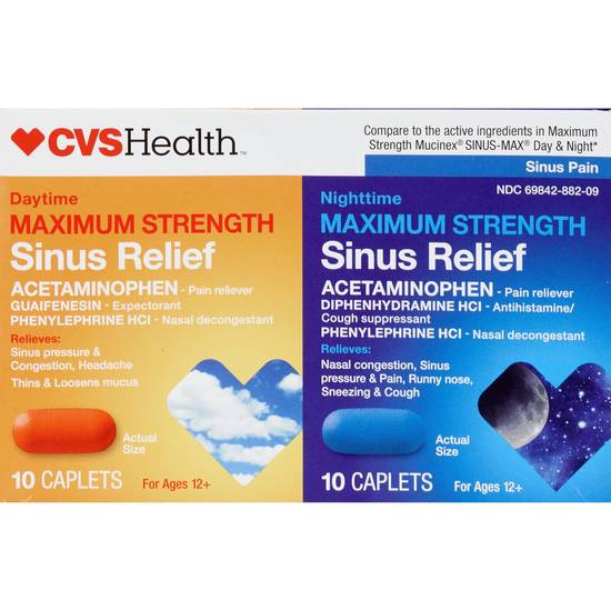 CVS Health Daytime and Nighttime Maximum Strength Sinus Relief Acetaminophen Caplets, 20 CT