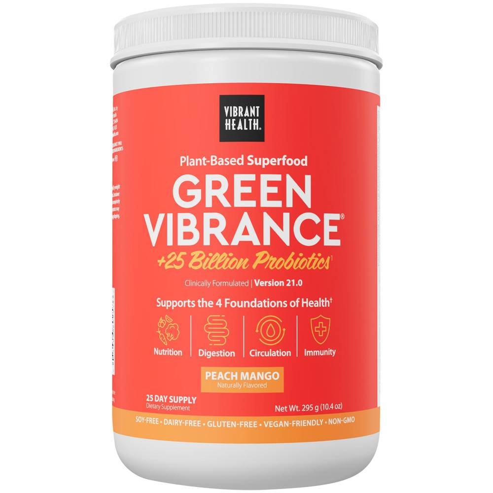 Green Vibrance Plant-Based Superfood Powder + 25 Billion Probiotics – Peach Mango (25 Servings)