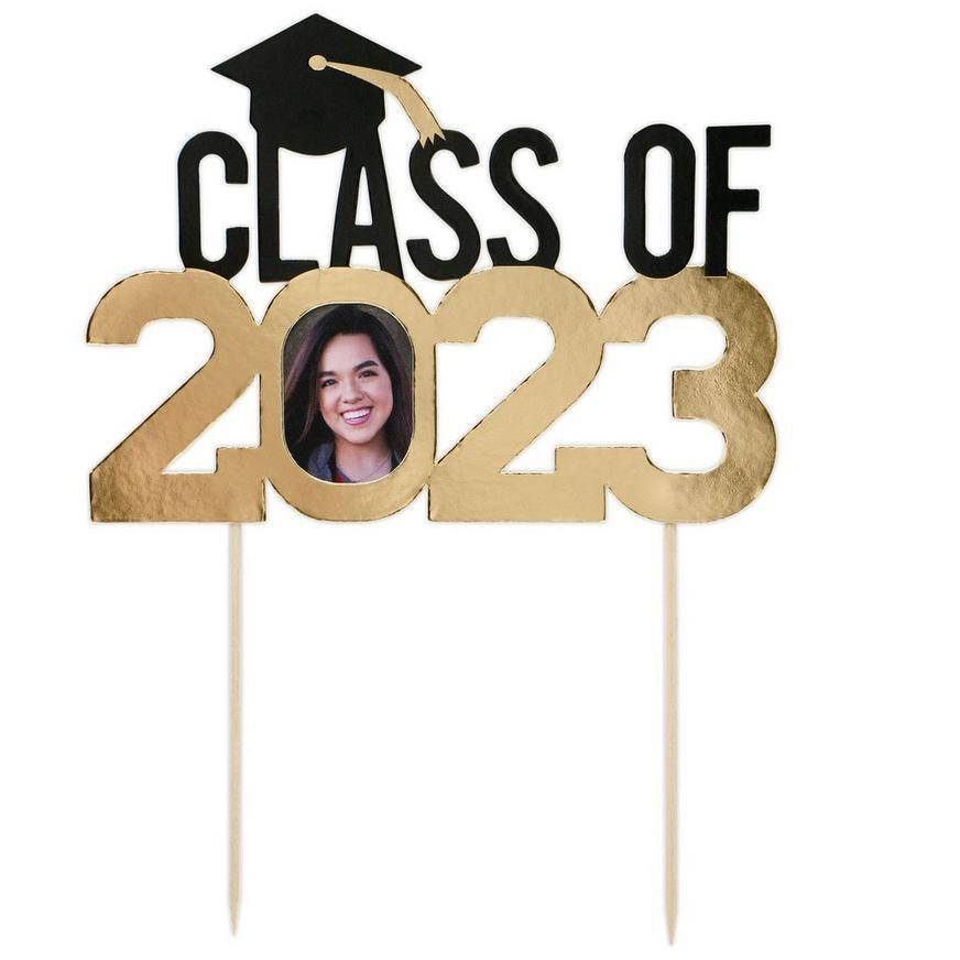 Black & Gold Class of 2023 Graduation Photo Cake Topper, 6in x 8in