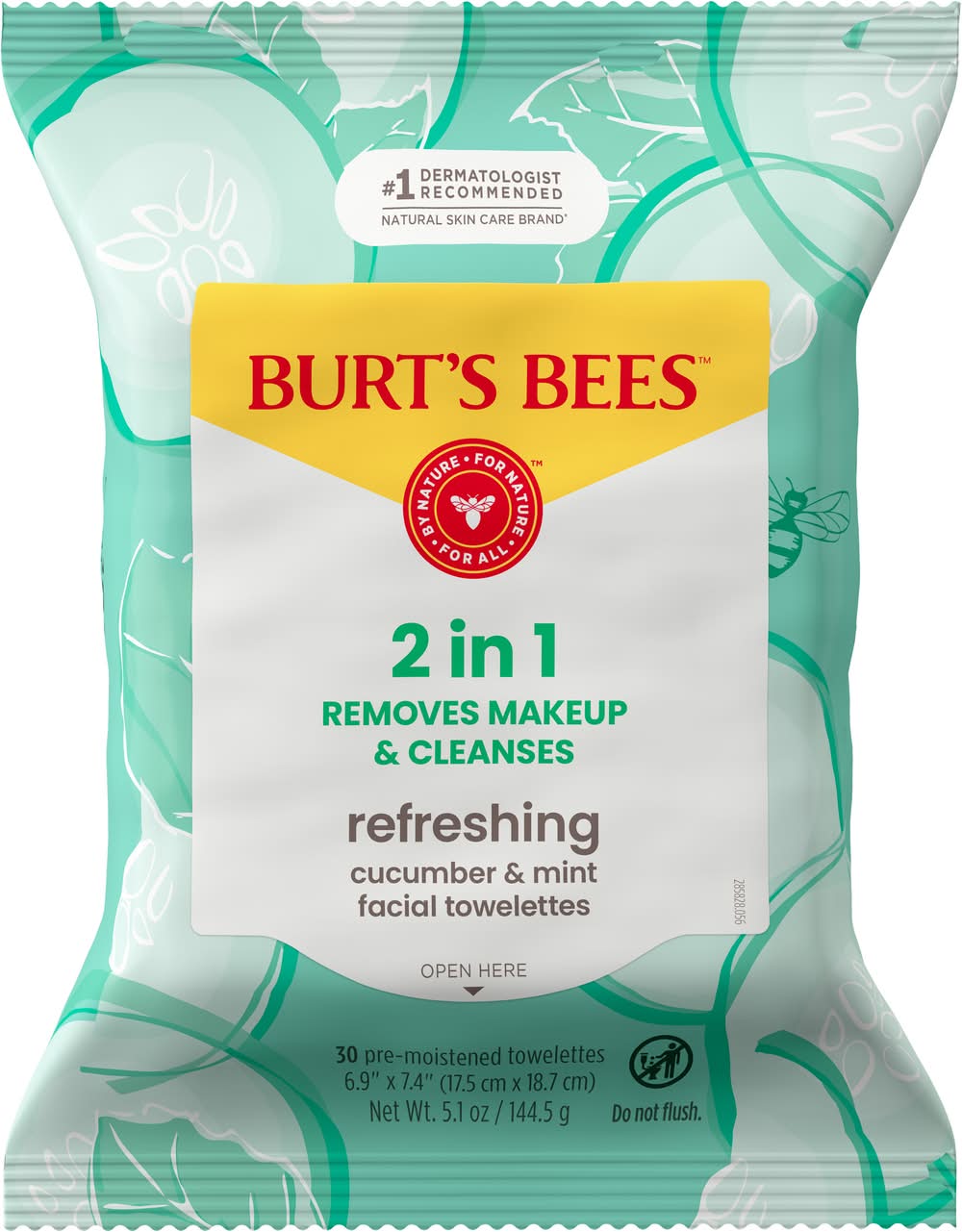 Burt's Bees Facial Cleansing Towelettes, Cucumber-Mint, 6.9" x 7.4" (5.1 oz, 30 ct)