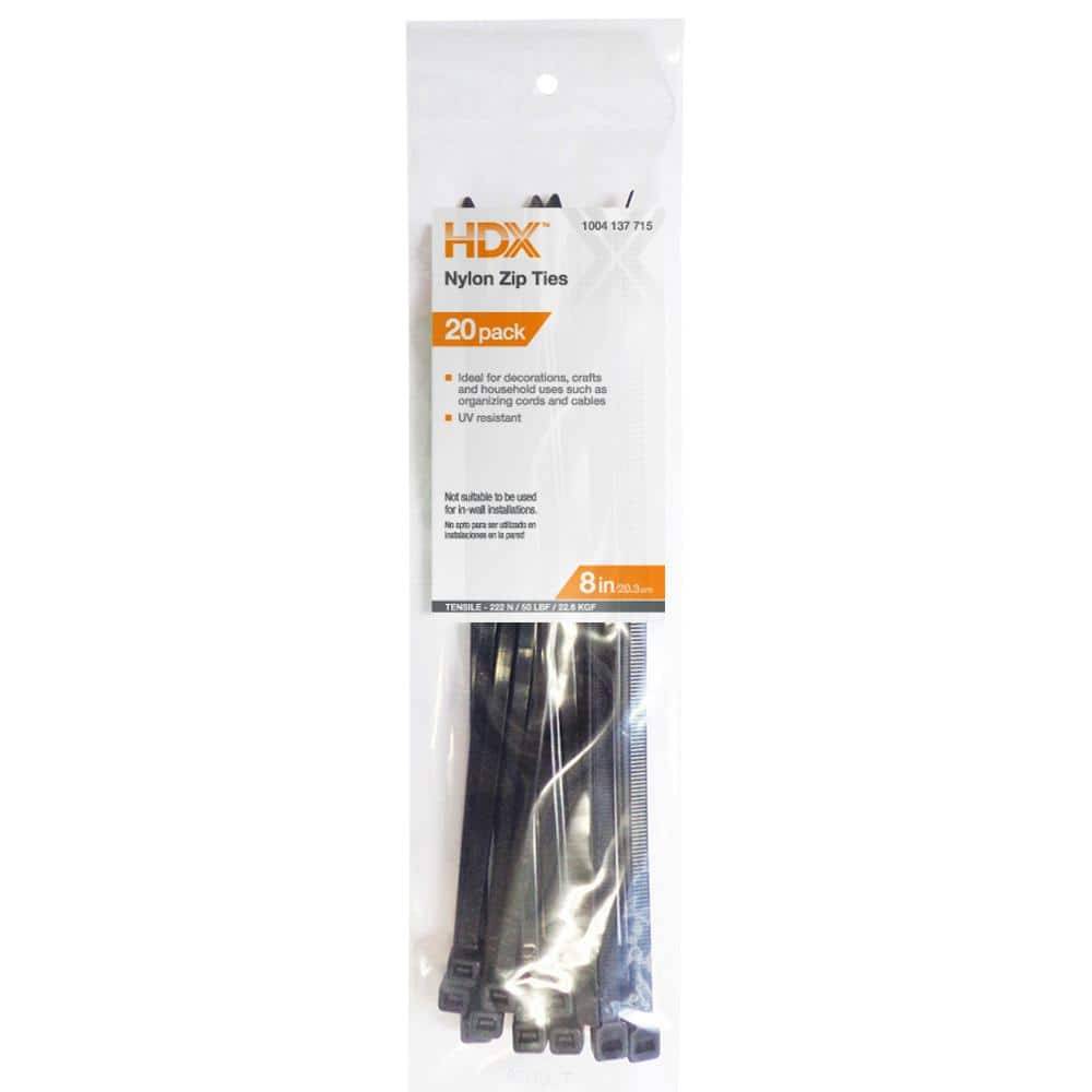 HDX Nylon Uv Resist Zip Ties, 8 in, Black (20 ct)