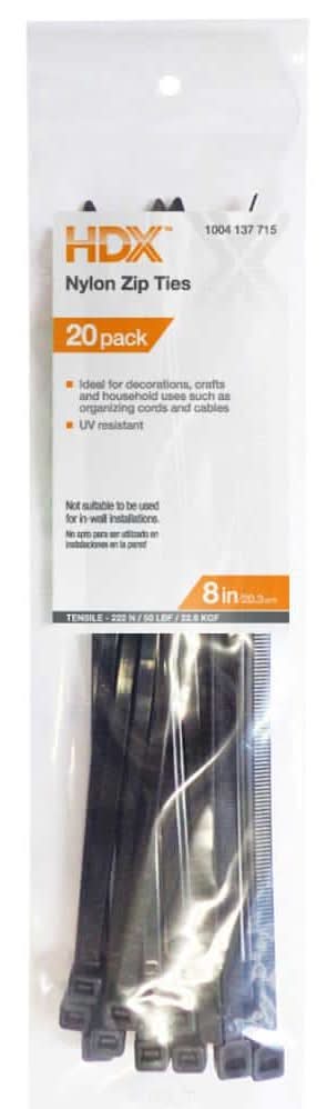 Hdx 8 In. Uv Resist Zip Ties, Black (20-Pack)