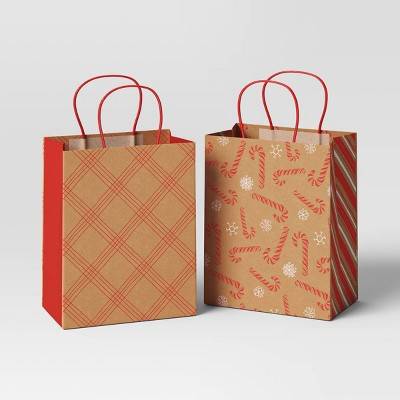 Wondershop Plaid/Candy Cane Cub Christmas Gift Bag, Red-Brown (2 ct)