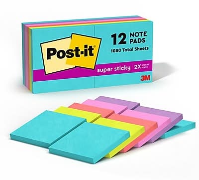 Post-it Super Sticky Notes, 3 x 3, Supernova Neons Collection, 90 Sheet/Pad, 12 Pads/Pack (654-12SSMIA)