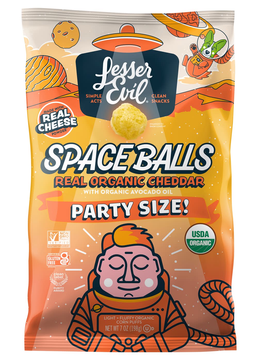 LesserEvil Space Ball Puffs Party Size, Real Organic Cheddar (7 oz)