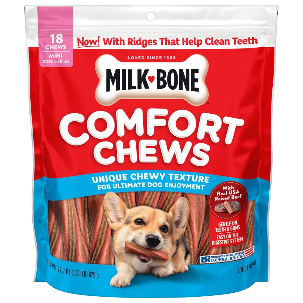 Milk-Bone Mini Comfort Chews, Dog Chews With Unique Chewy, Beef (22.2 oz, 18 ct)