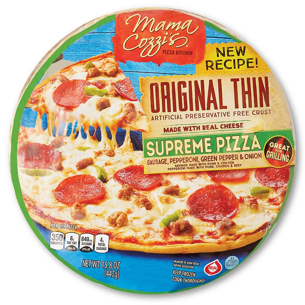 Mama Cozzi's Pizza Kitchen Original Thin Crust Supreme Pizza, Sauage Pepperoni Green Pepper & Onion (15.8 oz)