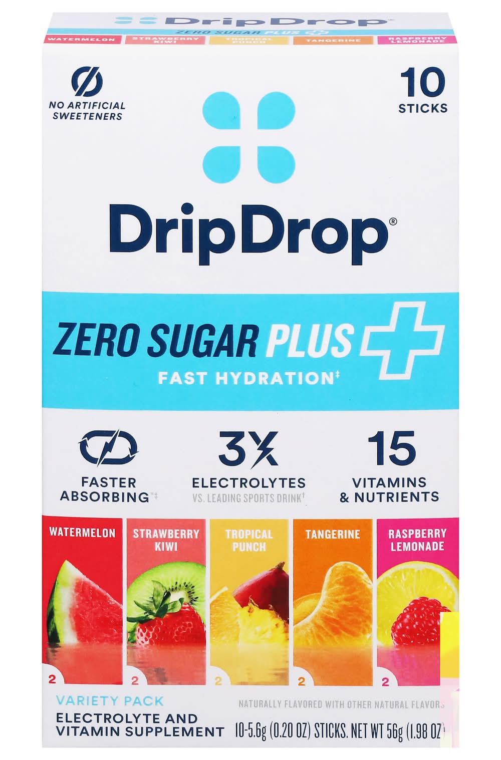 Drip Drop Zero Sugar Plus Fast Hydration Electrolyte Powder, Watermelon-Strawberry Kiwi-Tropical Punch-Tangerine-Raspberry Lemonade (10 x 0.2 oz)