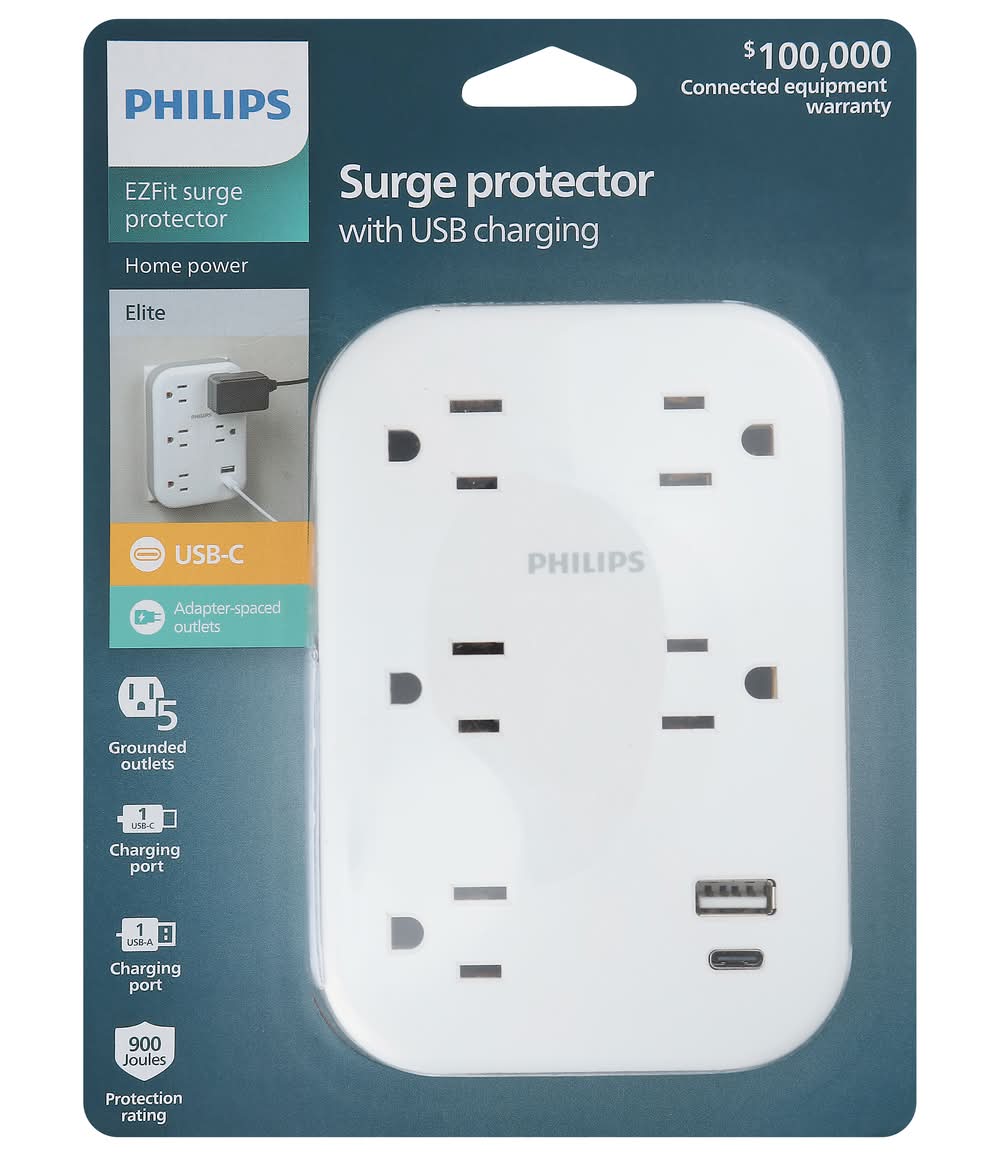 Philips 5-Outlet Surge Tap With Usb-A Usb-C 900 Joules Adapter, White