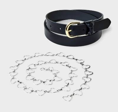 Girls' 2pk Bow and Heart Chain Belt - art class™ Black/Silver L: Adjustable Skinny Style