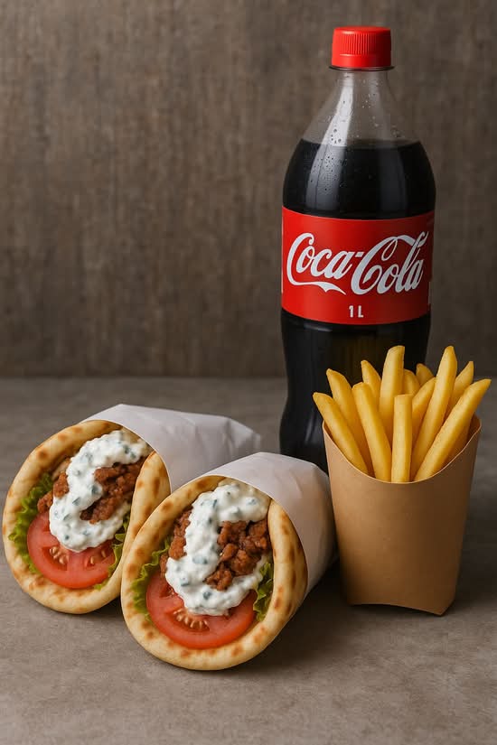 Doppel Gyros Pita Menü 3 ,Pommes,Liter Cola