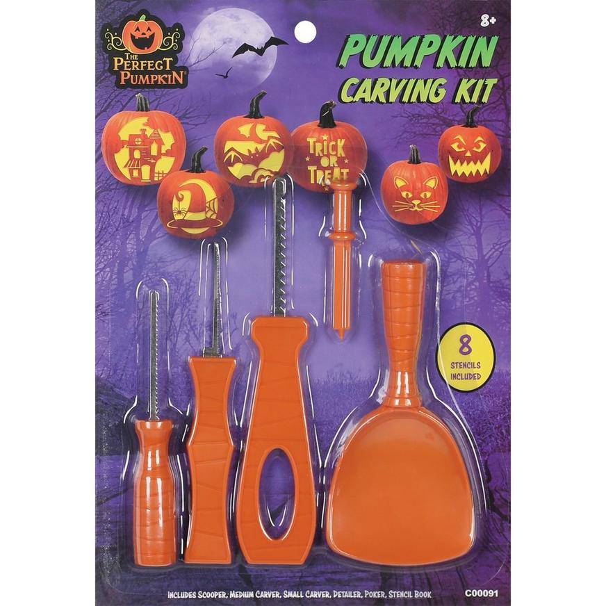 Party City Plastic & Stainless Pumpkin Carving Kit With Paper Stencils (13 ct)