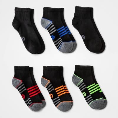 All In Motion Kids Ankle Socks, M, Black (6 ct)