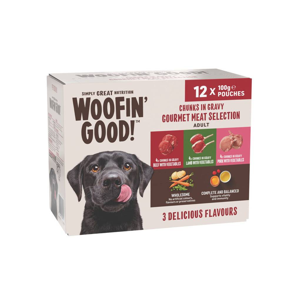 Woofin Good Chunks in Gravy Mixed Selection Beef Lamb & Pork Dog Food Pouches 12x100g 12 pack