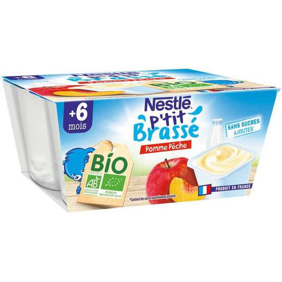 Nestlé P'Tit Brassé Dessert Lacté Pomme Pêche Bio Dès 6 Mois 4x90g.