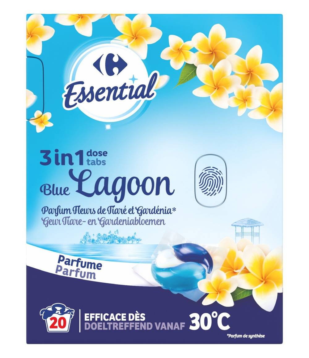 Carrefour Essential - Lessive dose 3en1 lagon bleu, fleurs de tiaré - gardénia (20)