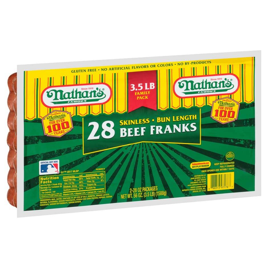 Nathan's Famous Skinless Beef Franks Bun Length (2 ct, 28oz)