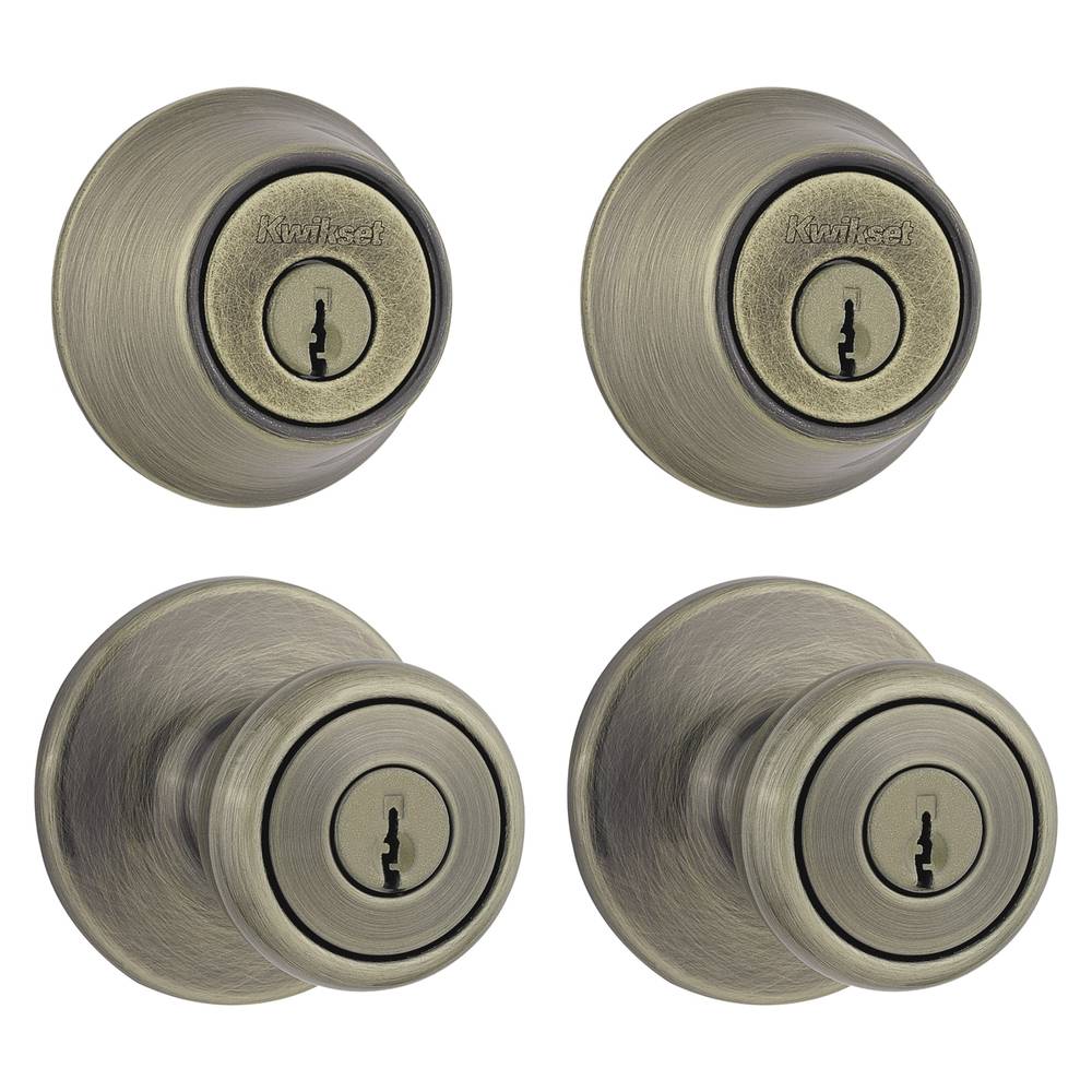 Kwikset Tylo Antique Brass Exterior Single-cylinder deadbolt Combined Door Knob Multi-pack with Antimicrobial Technology (2-Pack) | 242T 5 CP CODE K2