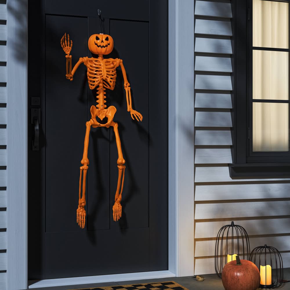 Hyde & EEK! Boutique Poseable Pumpkin Head Skeleton Halloween Decorative Prop, 24 inch, Orange