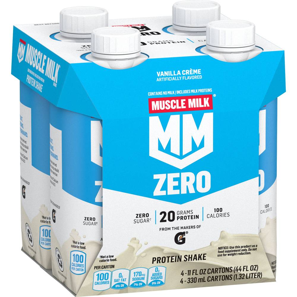 Muscle Milk Zero Sugar Protein Shake, Vanilla Creme (4 x 11 fl oz)