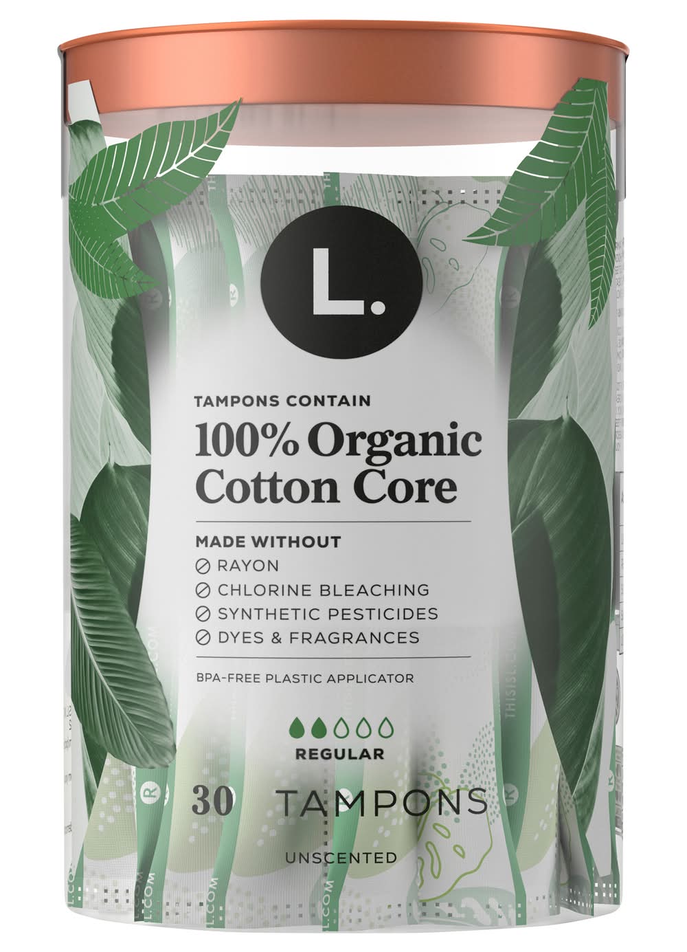 L. Regular 100% Organic Cotton Core Unscented Tampons (30 ct)